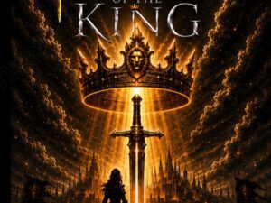 Golden crown and sword above silhouetted king