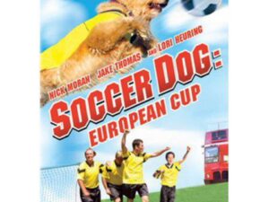 Dog heading soccer ball above players on field