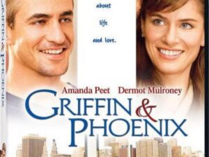 Romantic movie poster with smiling couple, skyline