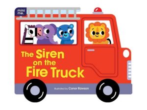 Red fire truck with four cartoon animal passengers
