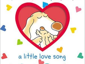 Cute cartoon puppy hugging inside red heart