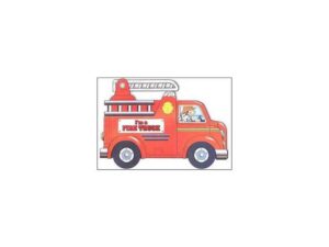 Cartoon red fire truck with ladder and firefighter