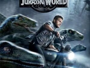 Motorcyclist and raptors under Jurassic World logo