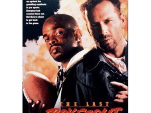 Action movie poster: two men, football, handgun