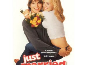 Couple embracing with bouquet on movie poster